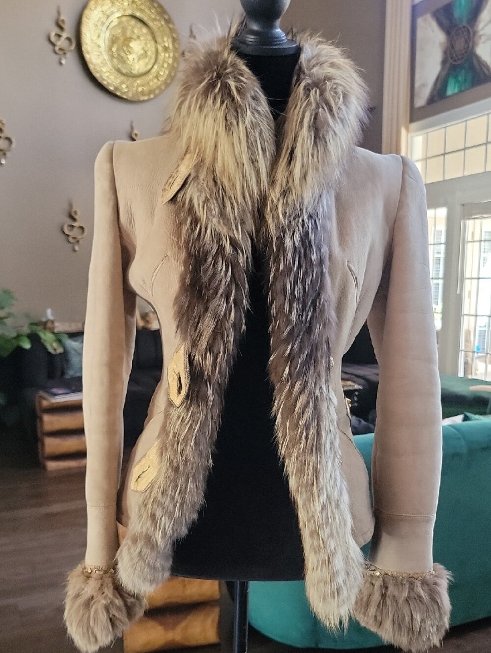 Roberto Cavalli Beige Leather Jacket with Fur Trim